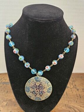 Vintage Cloisonné Blue Floral Beaded Filigree Pendant Necklace With Blue Crystal